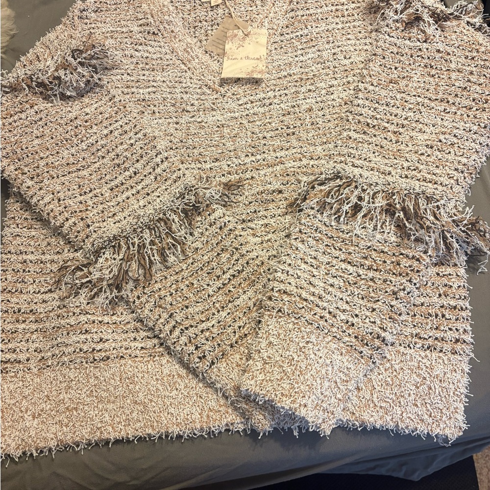 NWT Hem & Thread Cozy Beige Sweater with Fringe Details size Small
